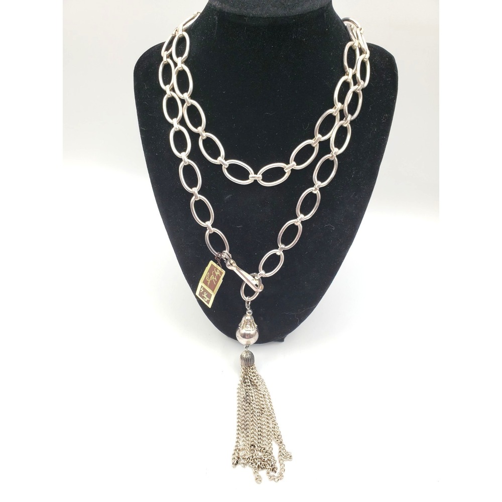 Vintage Hugo Long Link Chain Tassel Lariat Necklace Dog Clip Clasp 36"